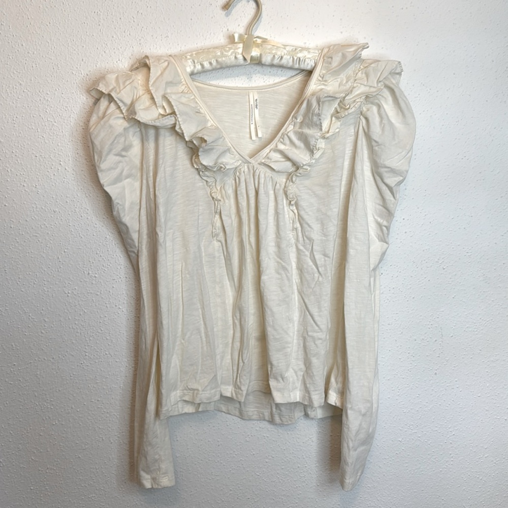 By Anthropologie Ruffled Cottage Core Cream Long Sleeve Blouse Victorian Style L